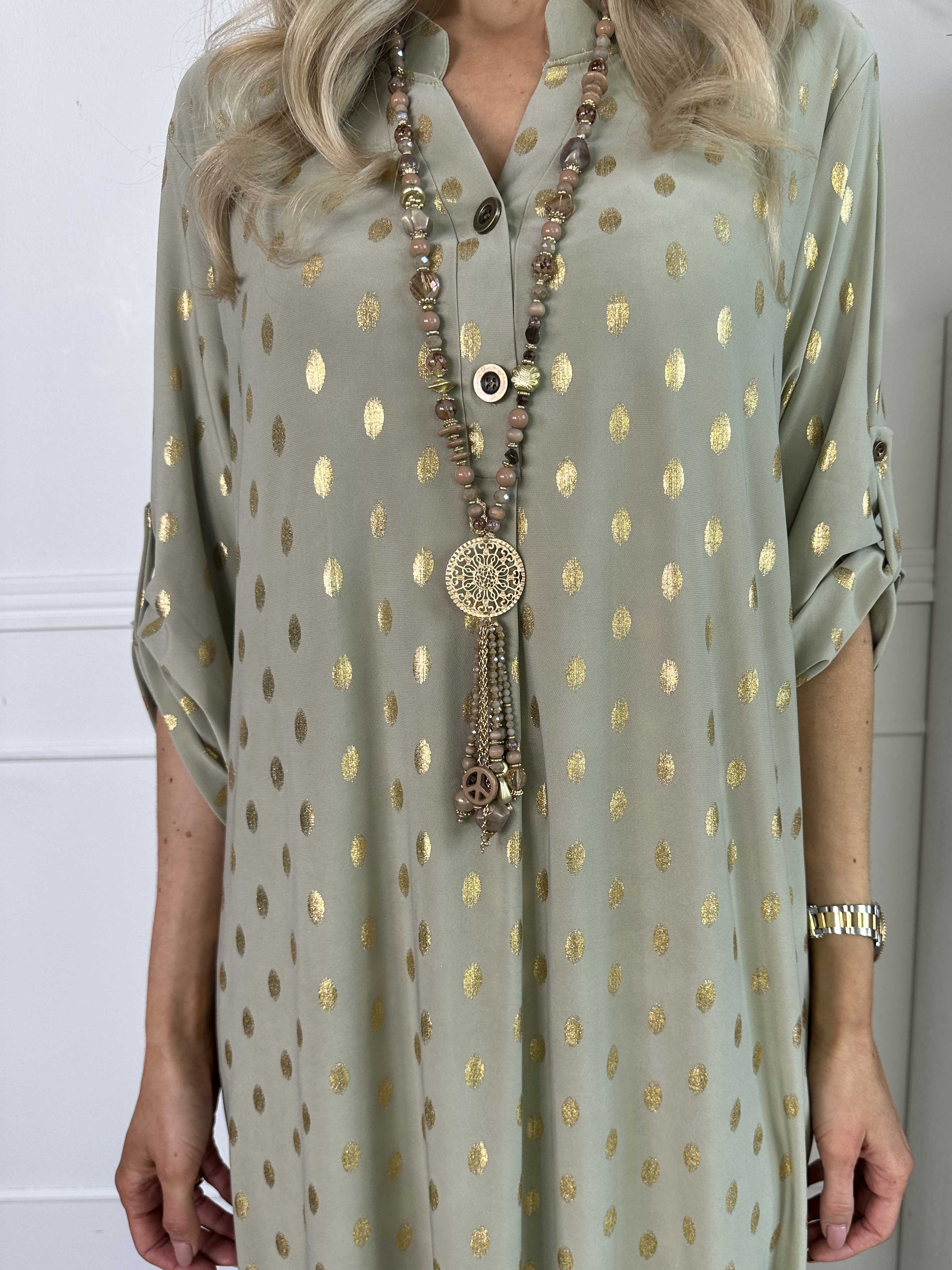 Ebba Gold Dress - Lång klänning med resår och guldprickar
